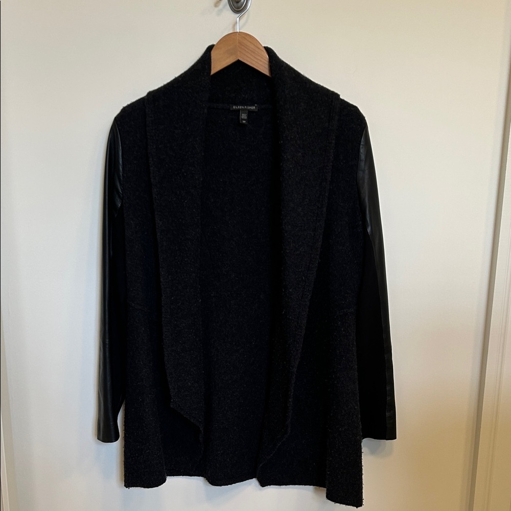 Eileen Fisher Black Cardigan with Leather Sleeves